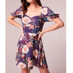 Band of the Free Aimee Floral Puff‎ Sleeve Mini Dress Smocked Medium Purple Boho